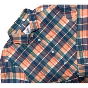 Mizzen Main Leeward Shirt Large Trim Fit Plaid Blue Orange Performance Made USA